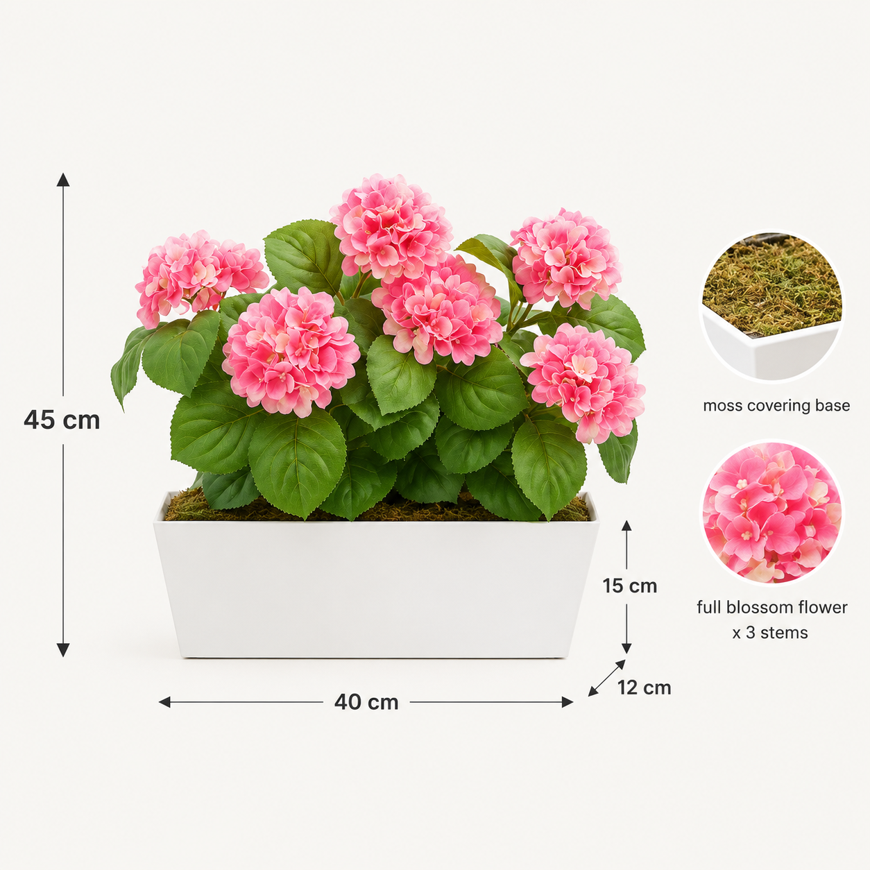 Pink Hydrangea in White Metal Window Box - A1384