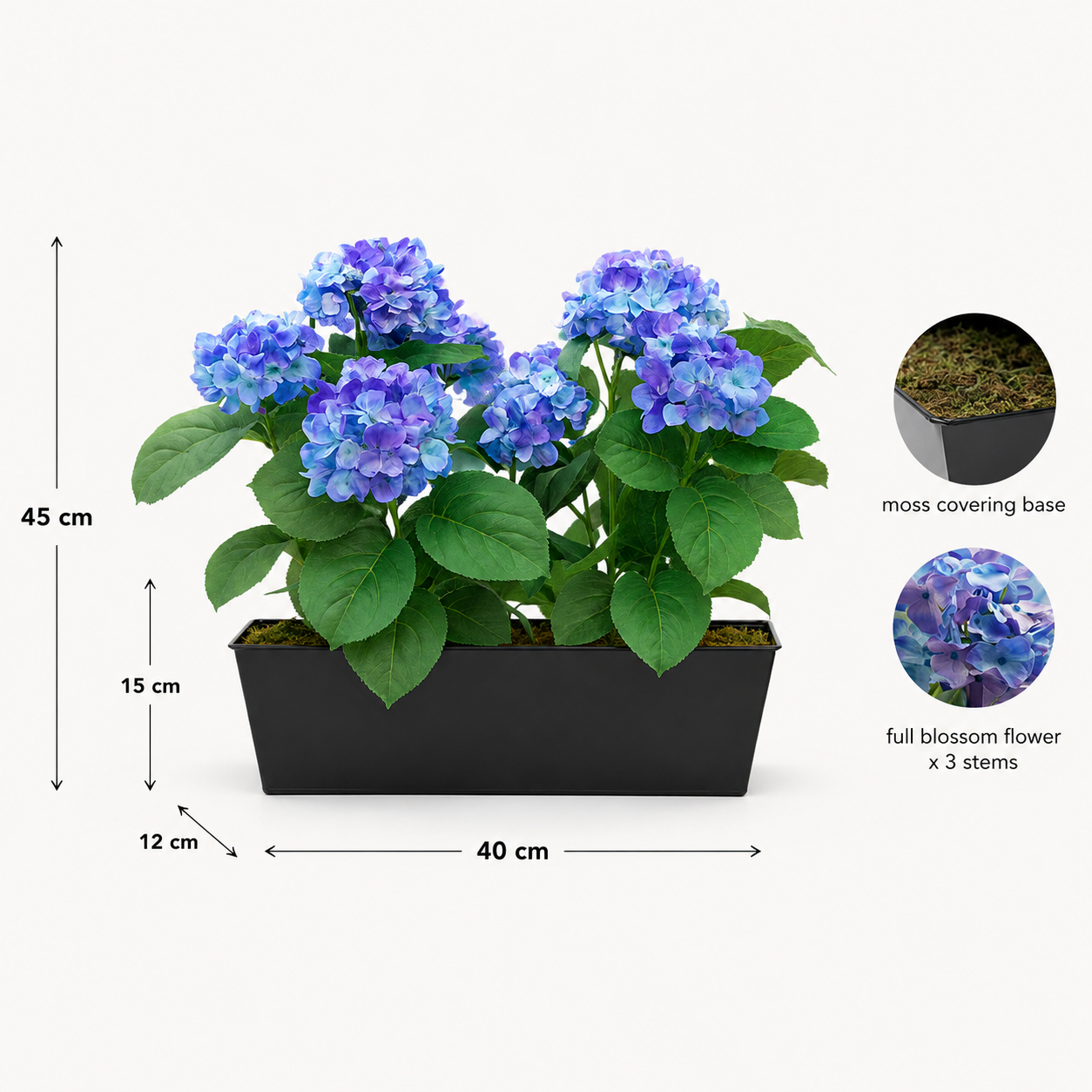 Blue Hydrangea in Black Metal Window Box - A1385