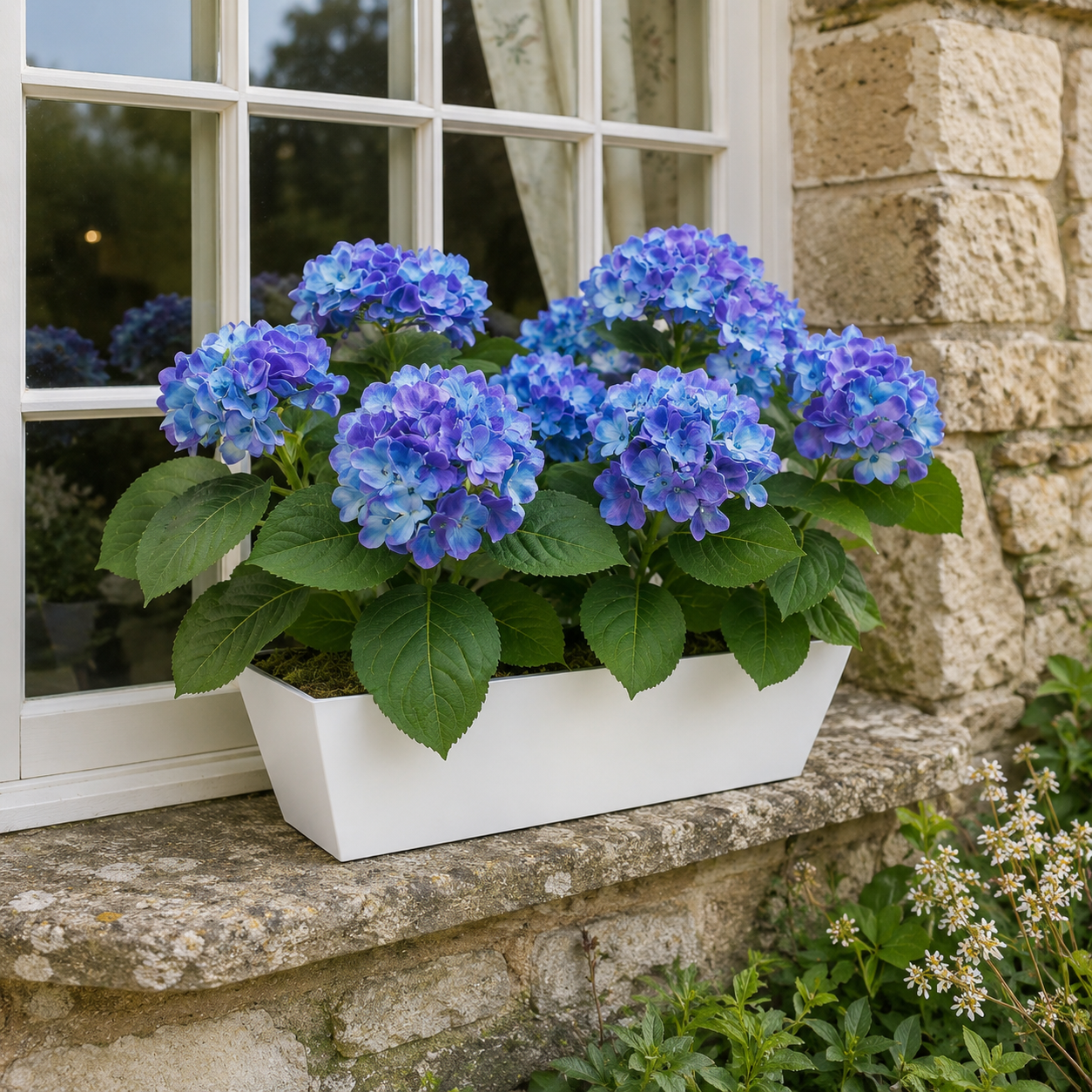 Blue Hydrangea in White Metal Window Box - A1386