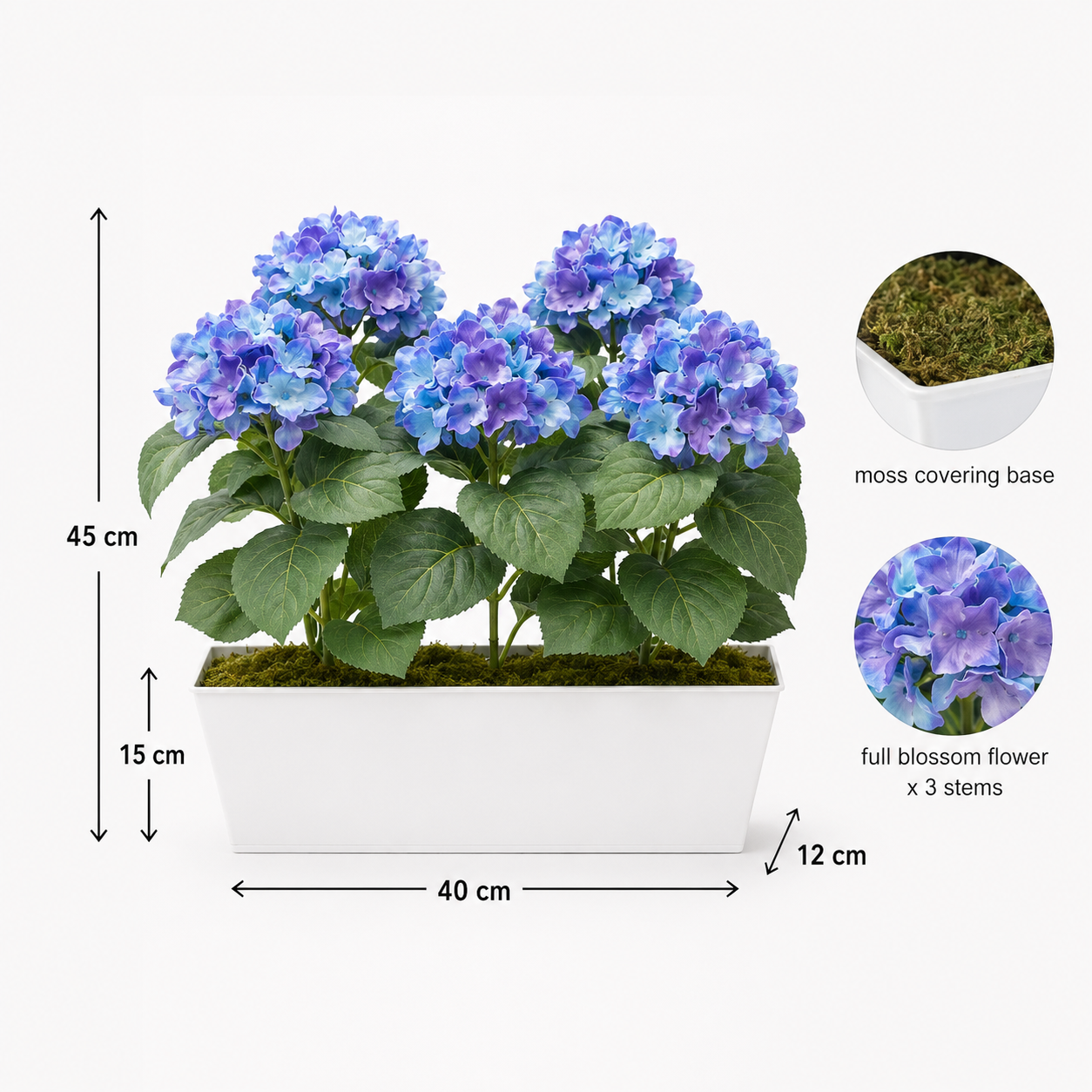 Blue Hydrangea in White Metal Window Box - A1386