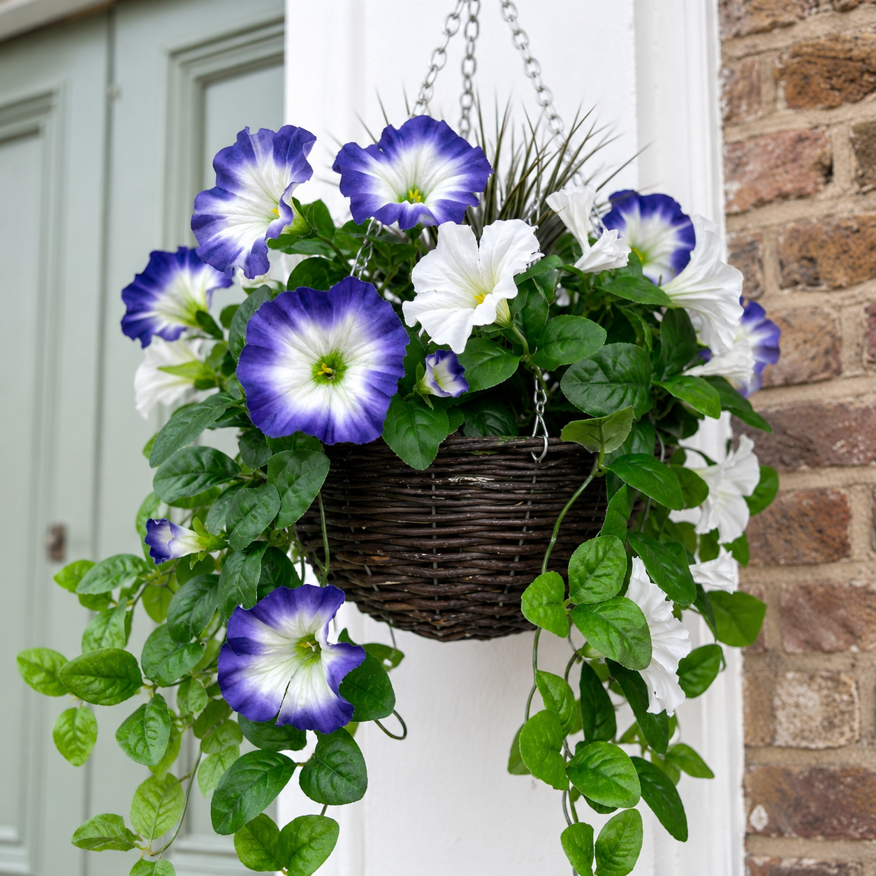 Purple & White Petunia Round Rattan Hanging Basket (25cm) - A1429