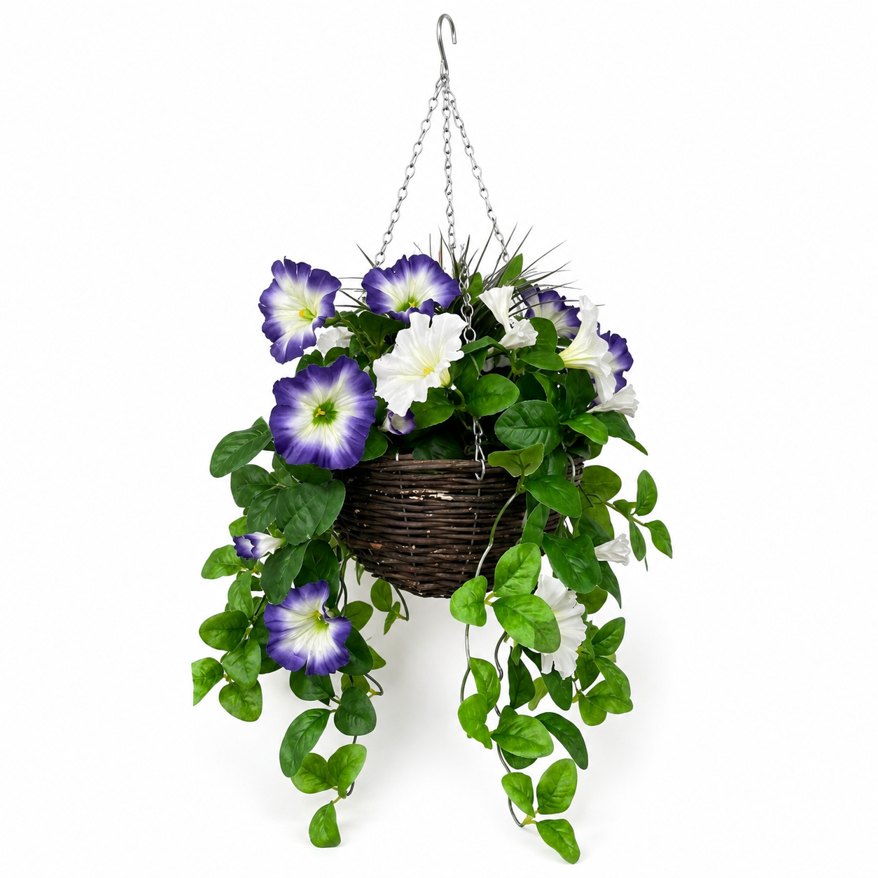 Purple & White Petunia Round Rattan Hanging Basket (25cm) - A1429
