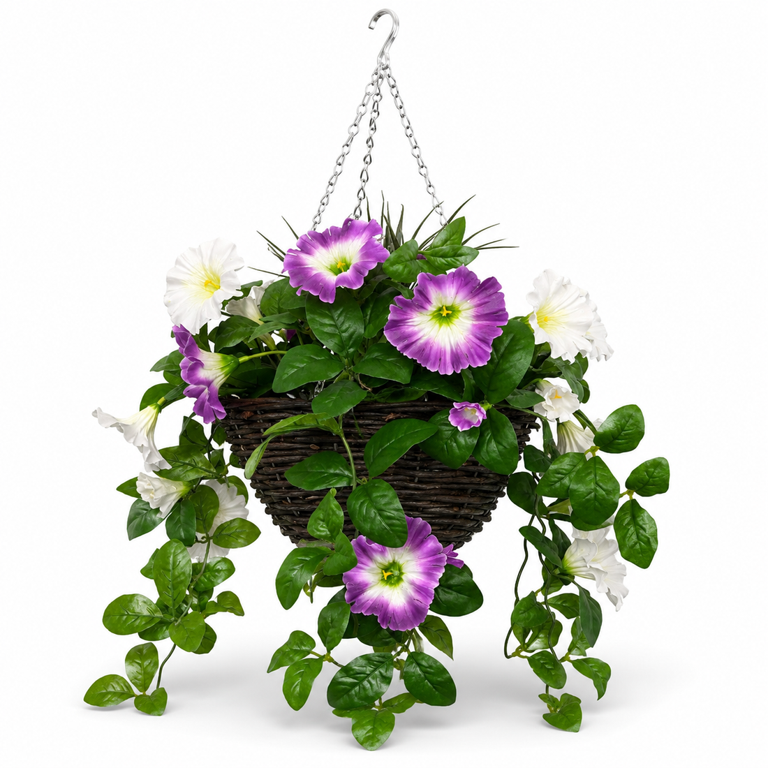 Pink & White Petunia Round Rattan Hanging Basket (25cm) - A1430
