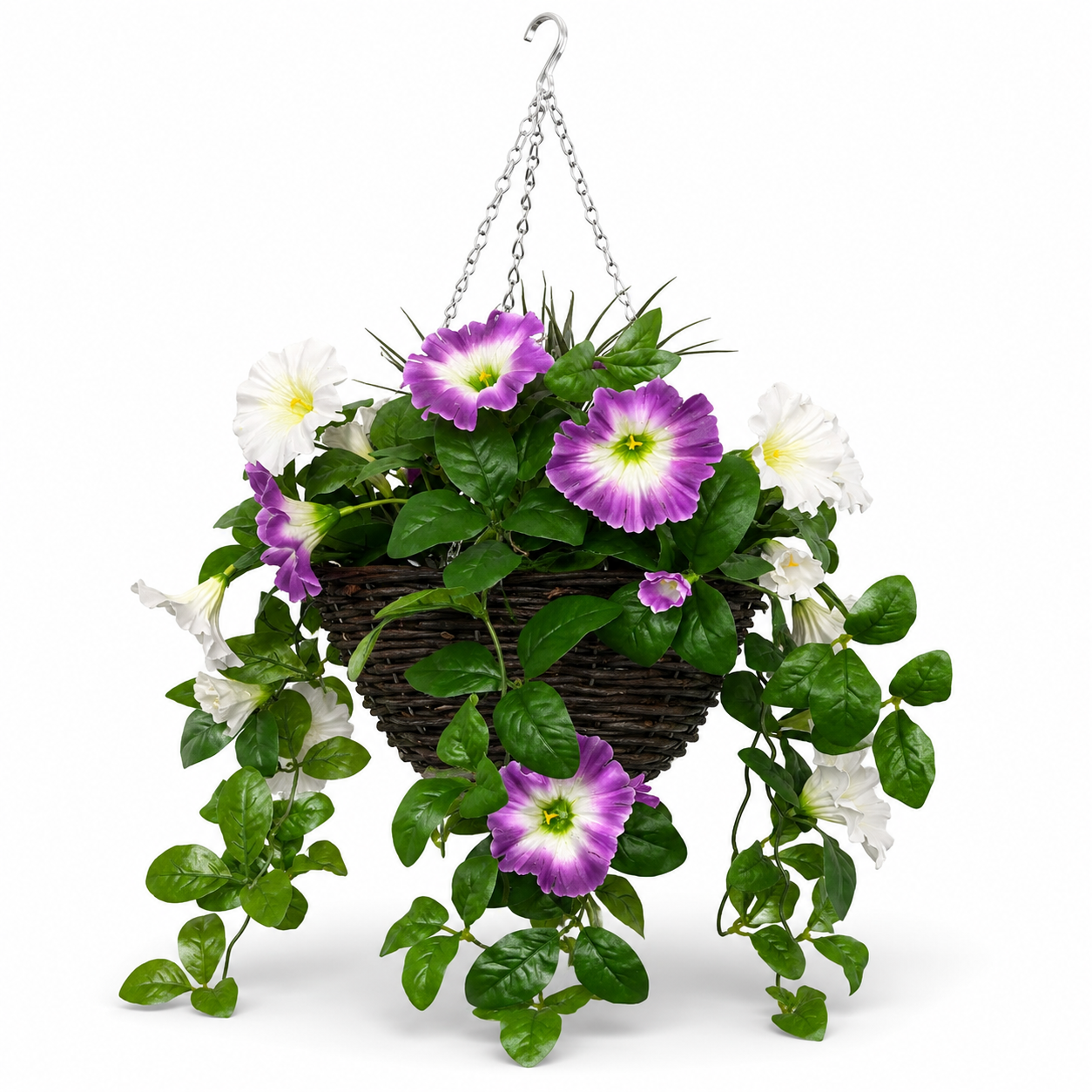 Pink & White Petunia Round Rattan Hanging Basket (25cm) - A1430