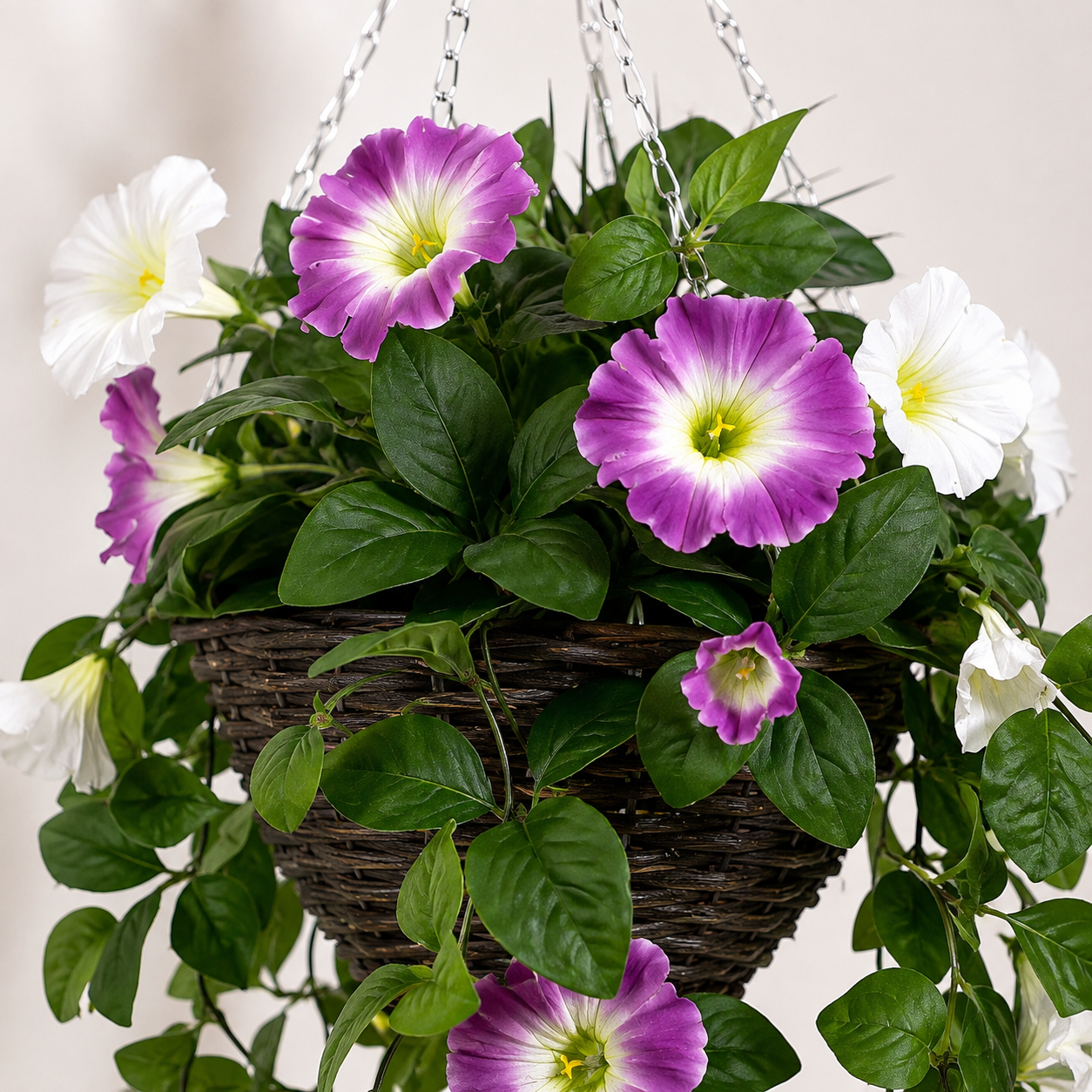 Pink & White Petunia Round Rattan Hanging Basket (25cm) - A1430