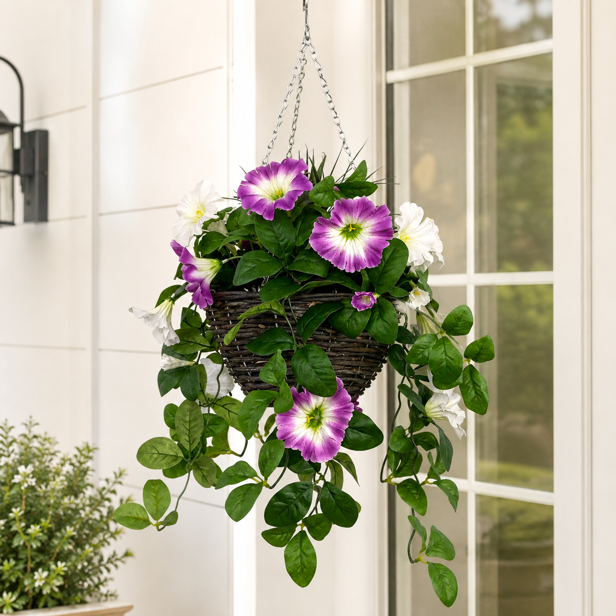 Pink & White Petunia Round Rattan Hanging Basket (25cm) - A1430