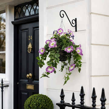 Pink & Purple Petunia Round Rattan Hanging Basket with Ivy Vine (30cm) - A1431