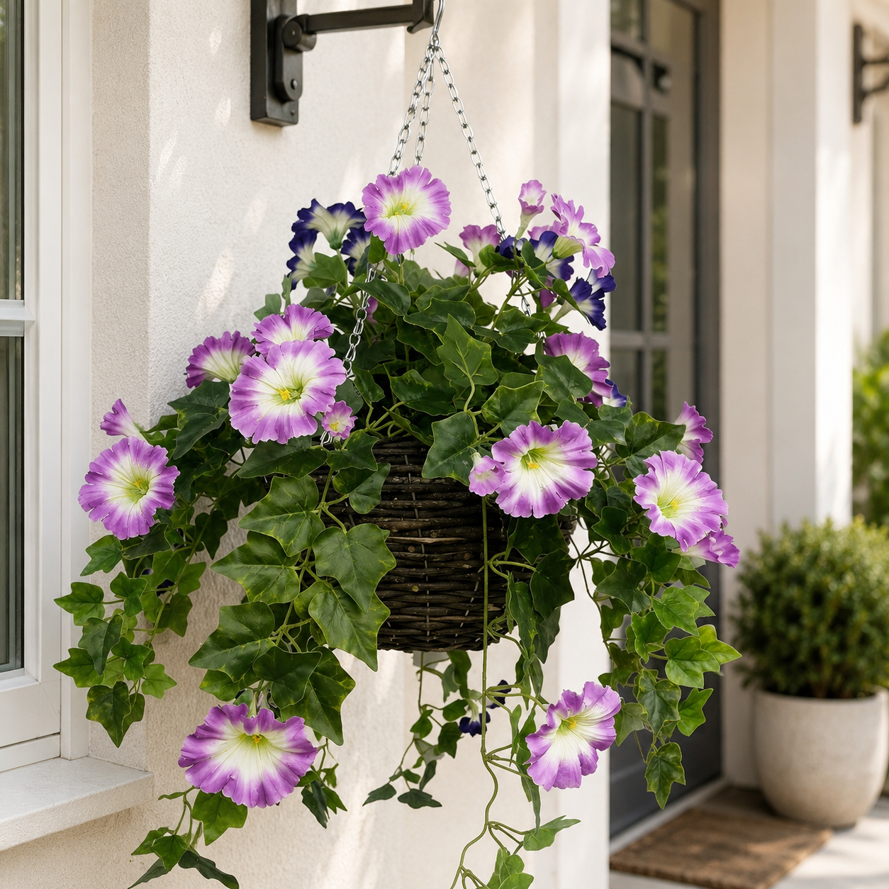 Pink & Purple Petunia Round Rattan Hanging Basket with Ivy Vine (30cm) - A1431