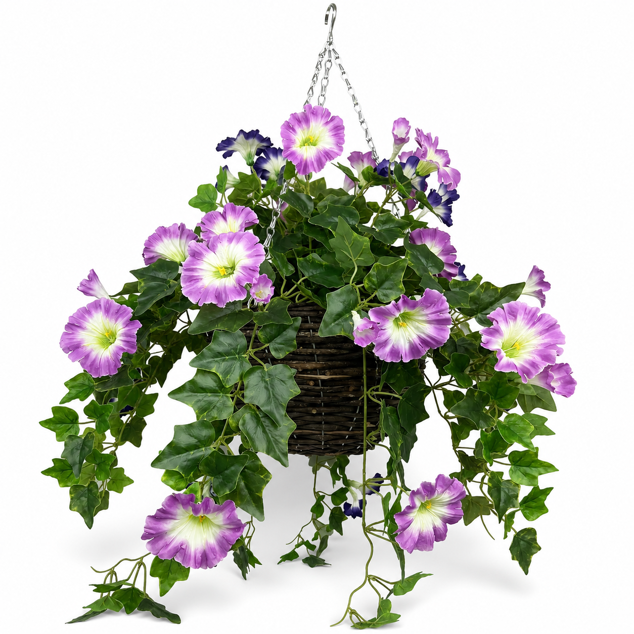 Pink & Purple Petunia Round Rattan Hanging Basket with Ivy Vine (30cm) - A1431