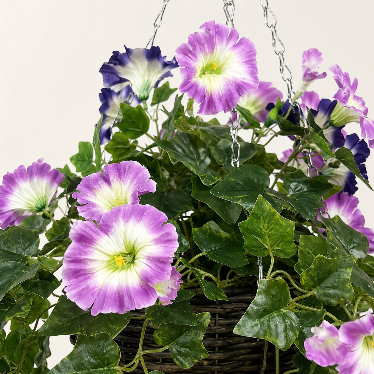Pink & Purple Petunia Round Rattan Hanging Basket with Ivy Vine (30cm) - A1431