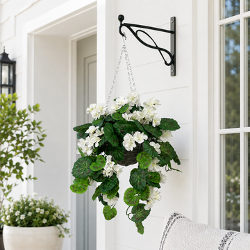 White Geranium Grey Rattan Hanging Basket with Vine (25cm) - A1449