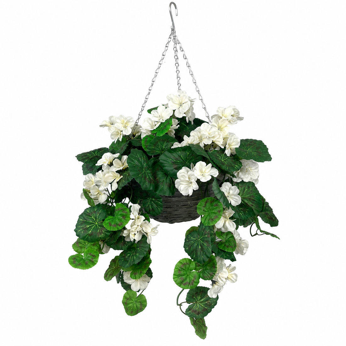 White Geranium Grey Rattan Hanging Basket with Vine (25cm) - A1449