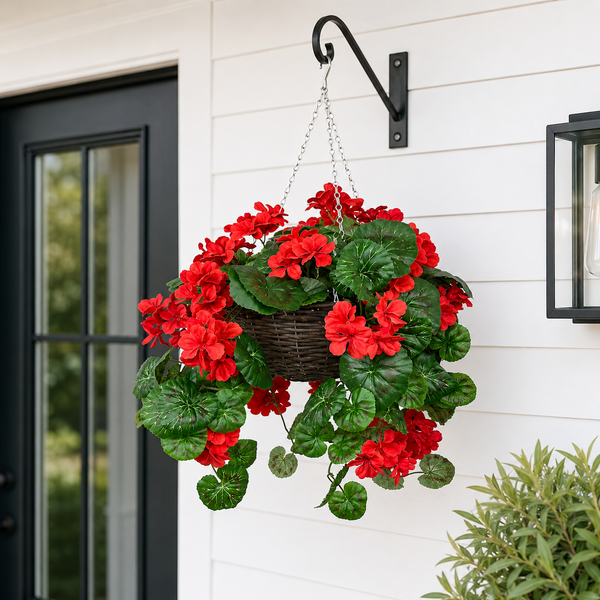 Red Geranium Rattan Hanging Basket with Vine (25cm) - A1450