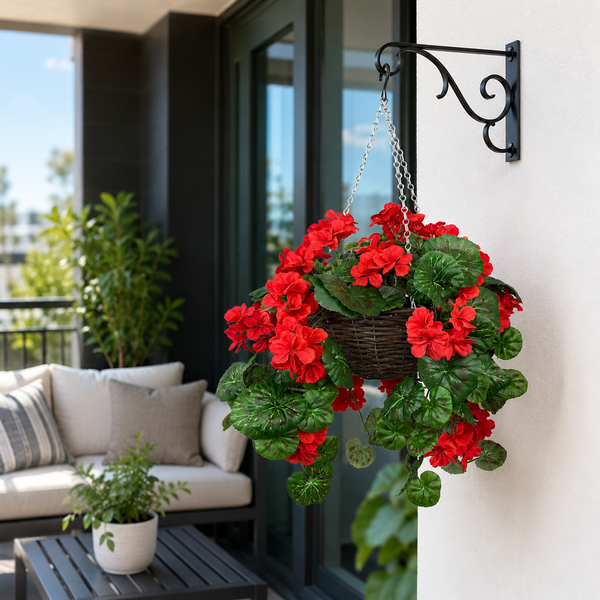Red Geranium Rattan Hanging Basket with Vine (25cm) - A1450