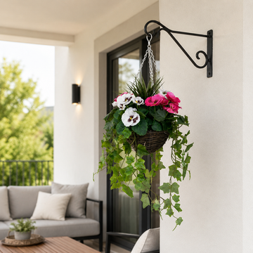 Pink and White Pansy Hanging Basket with Ivy (25cm) - A1452-GB