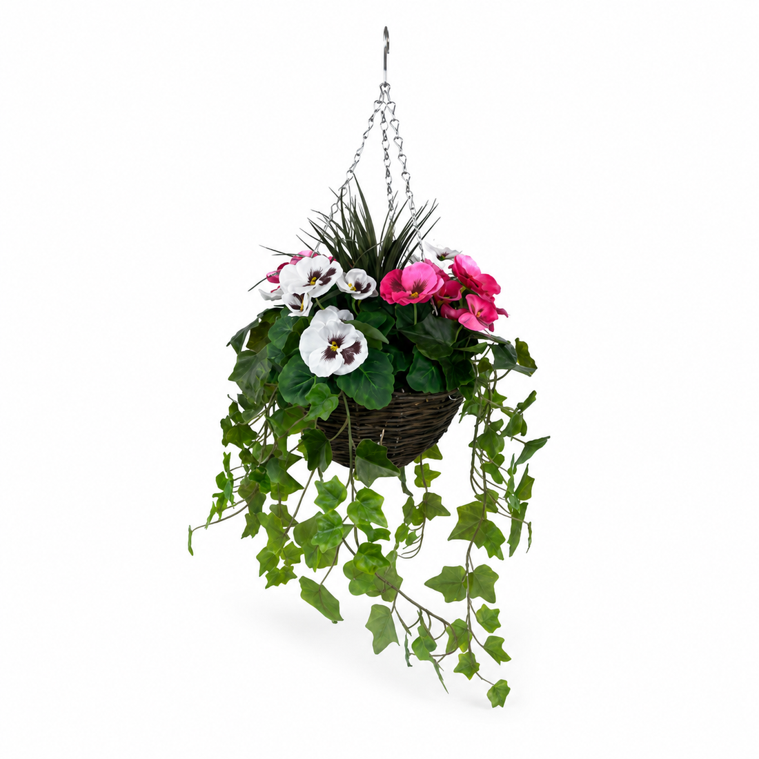 Pink and White Pansy Hanging Basket with Ivy (25cm) - A1452-GB