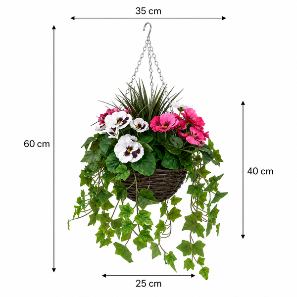 Pink and White Pansy Hanging Basket with Ivy (25cm) - A1452-GB