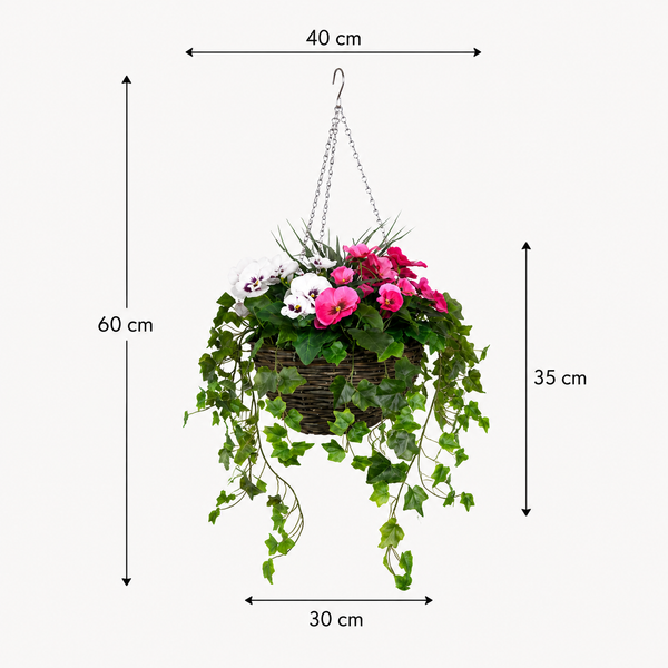 Pink and White Pansy Hanging Basket with Ivy (30cm) - A1454