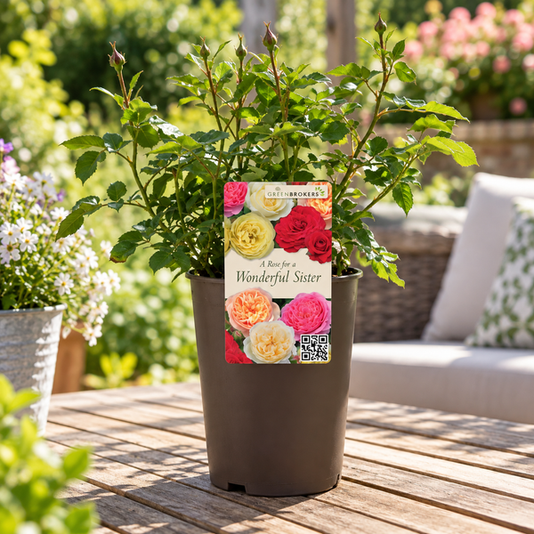 “A Rose for a Wonderful Sister” - Gift Wrapped - 3L Potted - Five Colour Choices