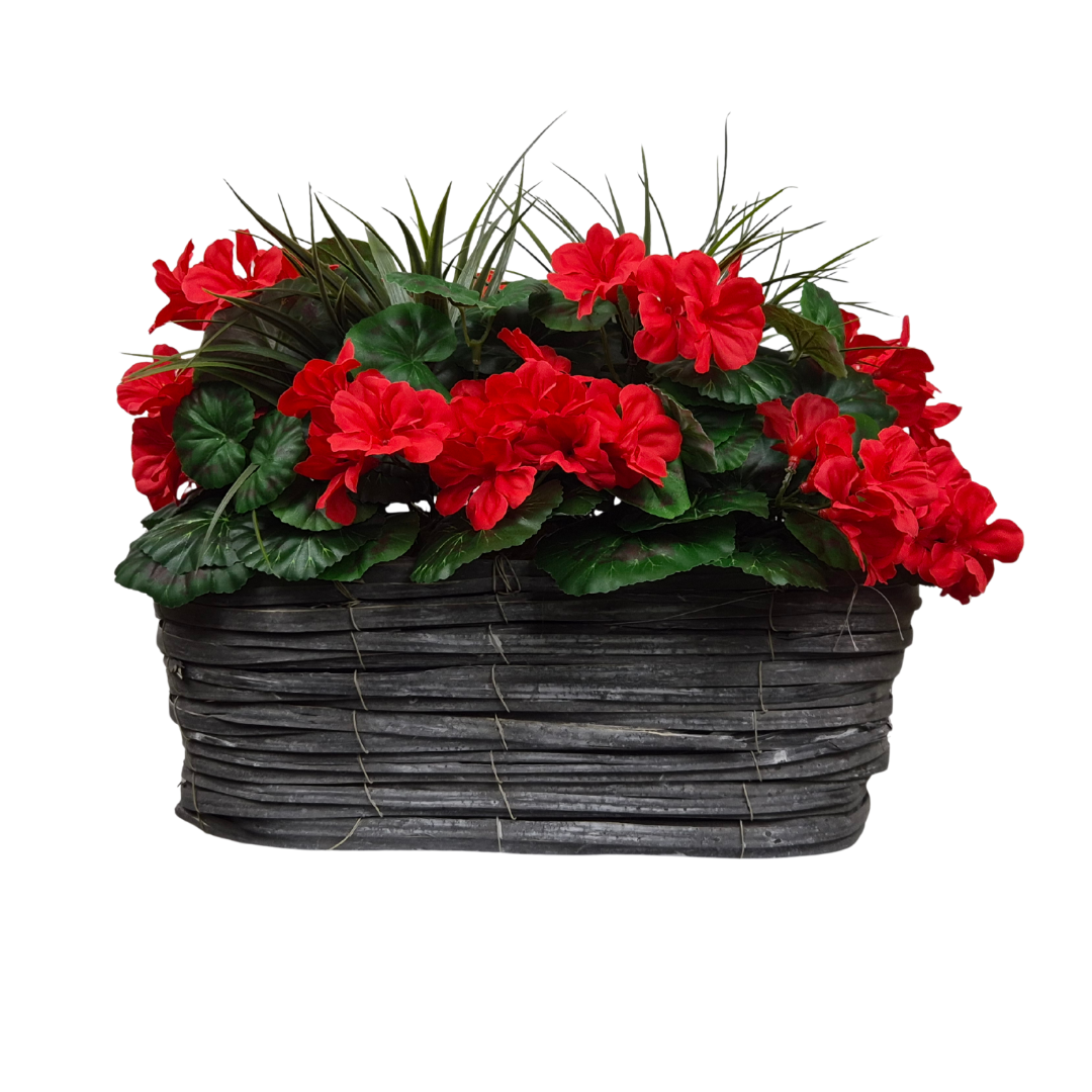 Artificial Red Geranium Flowers & Lemon Grass in Rounded 40cm Rectangle Grey Wash Willow Basket - Faux Silk - A1329
