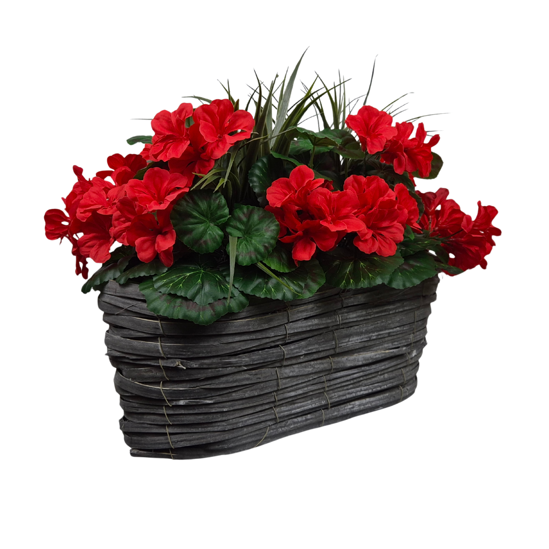 Artificial Red Geranium Flowers & Lemon Grass in Rounded 40cm Rectangle Grey Wash Willow Basket - Faux Silk - A1329
