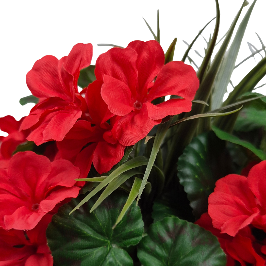 Artificial Red Geranium Flowers & Lemon Grass in Rounded 40cm Rectangle Grey Wash Willow Basket - Faux Silk - A1329