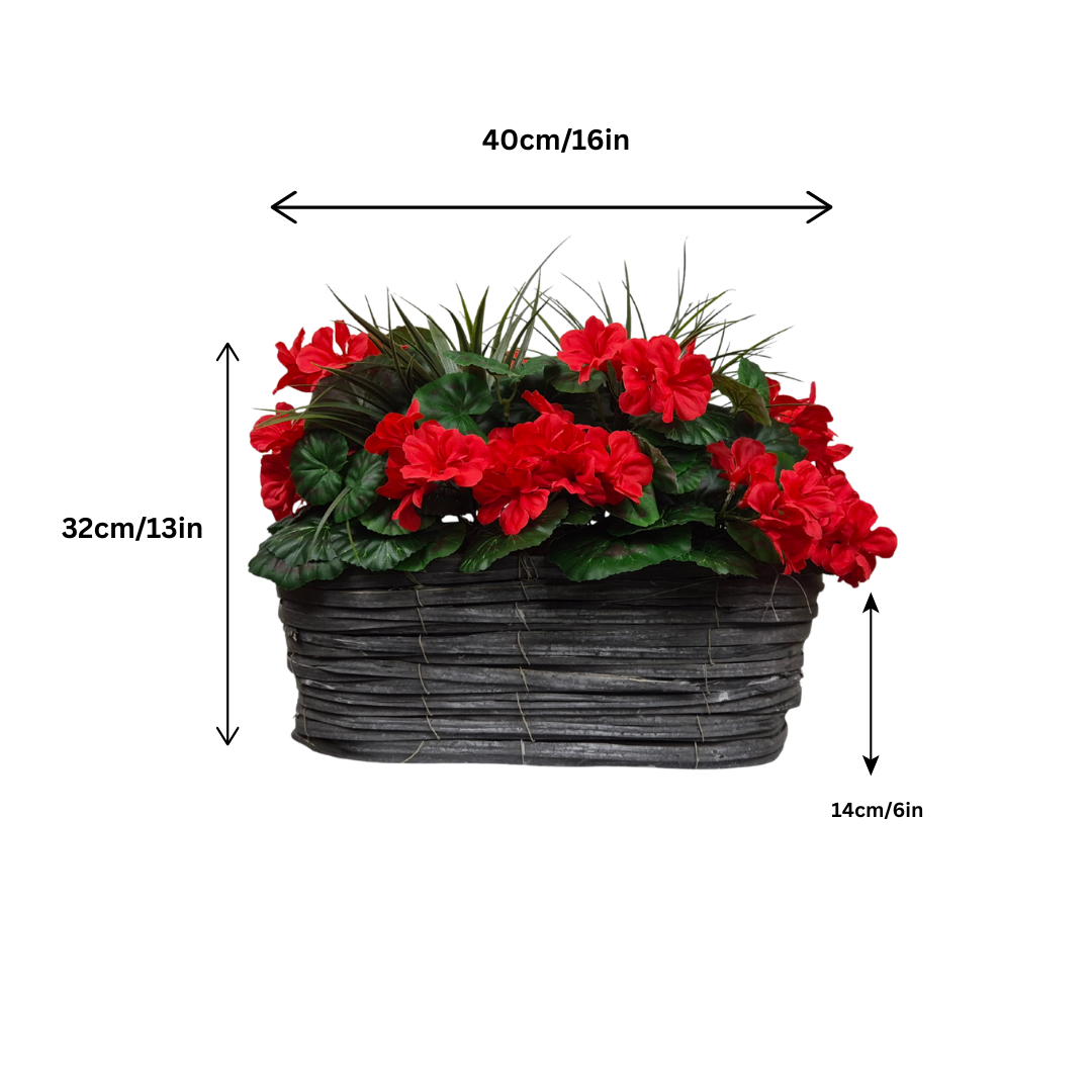 Artificial Red Geranium Flowers & Lemon Grass in Rounded 40cm Rectangle Grey Wash Willow Basket - Faux Silk - A1329