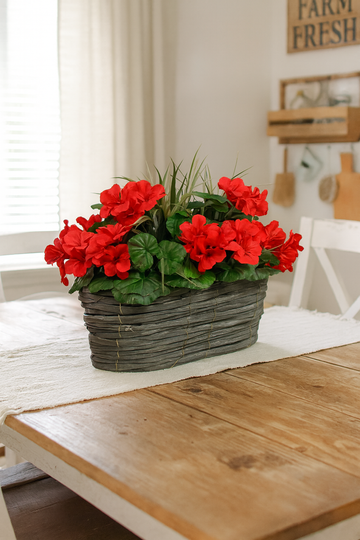 Artificial Red Geranium Flowers & Lemon Grass in Rounded 40cm Rectangle Grey Wash Willow Basket - Faux Silk - A1329
