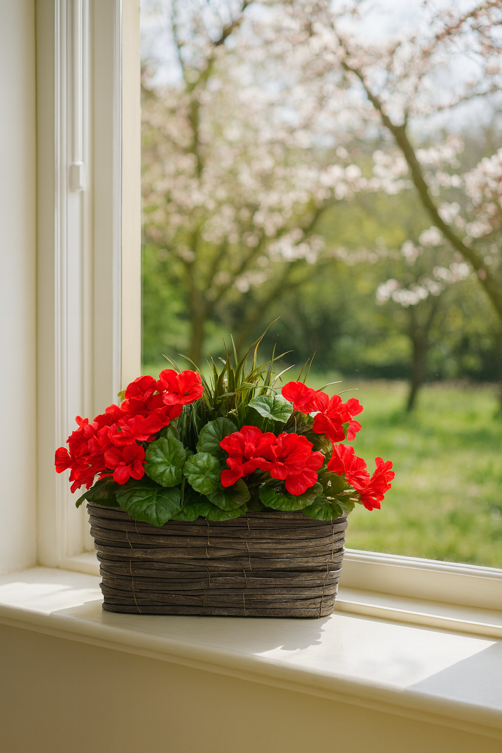 Artificial Red Geranium Flowers & Lemon Grass in Rounded 40cm Rectangle Grey Wash Willow Basket - Faux Silk - A1329