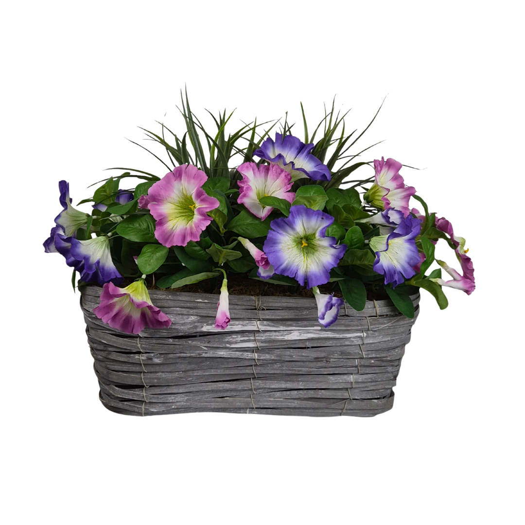 Artificial Pink & Purple Petunia Flowers & Lemon Grass in Rounded 40cm Rectangle Grey Wash Willow Basket - Faux Silk - A1328