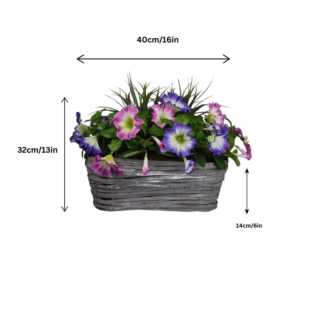 Artificial Pink & Purple Petunia Flowers & Lemon Grass in Rounded 40cm Rectangle Grey Wash Willow Basket - Faux Silk - A1328