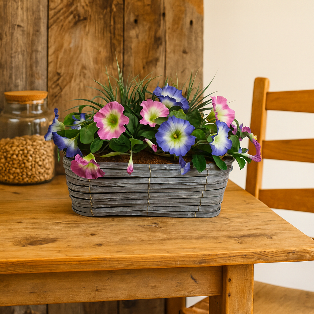 Artificial Pink & Purple Petunia Flowers & Lemon Grass in Rounded 40cm Rectangle Grey Wash Willow Basket - Faux Silk - A1328