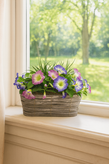 Artificial Pink & Purple Petunia Flowers & Lemon Grass in Rounded 40cm Rectangle Grey Wash Willow Basket - Faux Silk - A1328