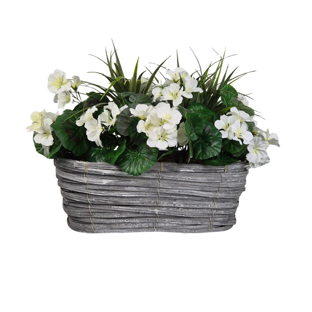 Artificial White Geranium Flowers & Lemon Grass in Rounded 40cm Rectangle Grey Wash Willow Basket - Faux Silk - A1330