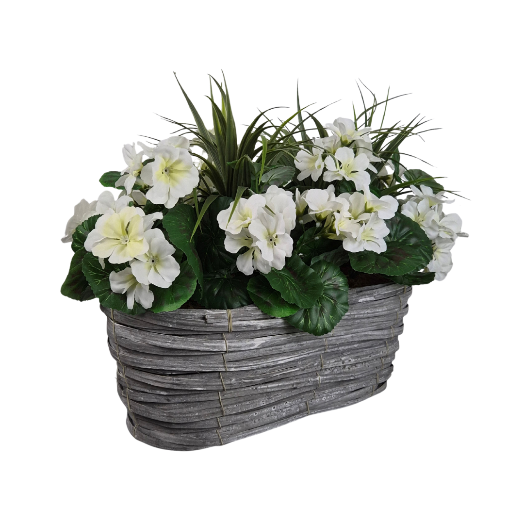 Artificial White Geranium Flowers & Lemon Grass in Rounded 40cm Rectangle Grey Wash Willow Basket - Faux Silk - A1330