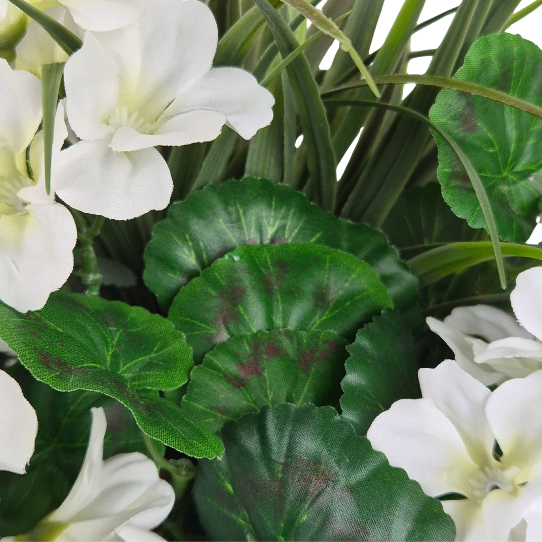 Artificial White Geranium Flowers & Lemon Grass in Rounded 40cm Rectangle Grey Wash Willow Basket - Faux Silk - A1330