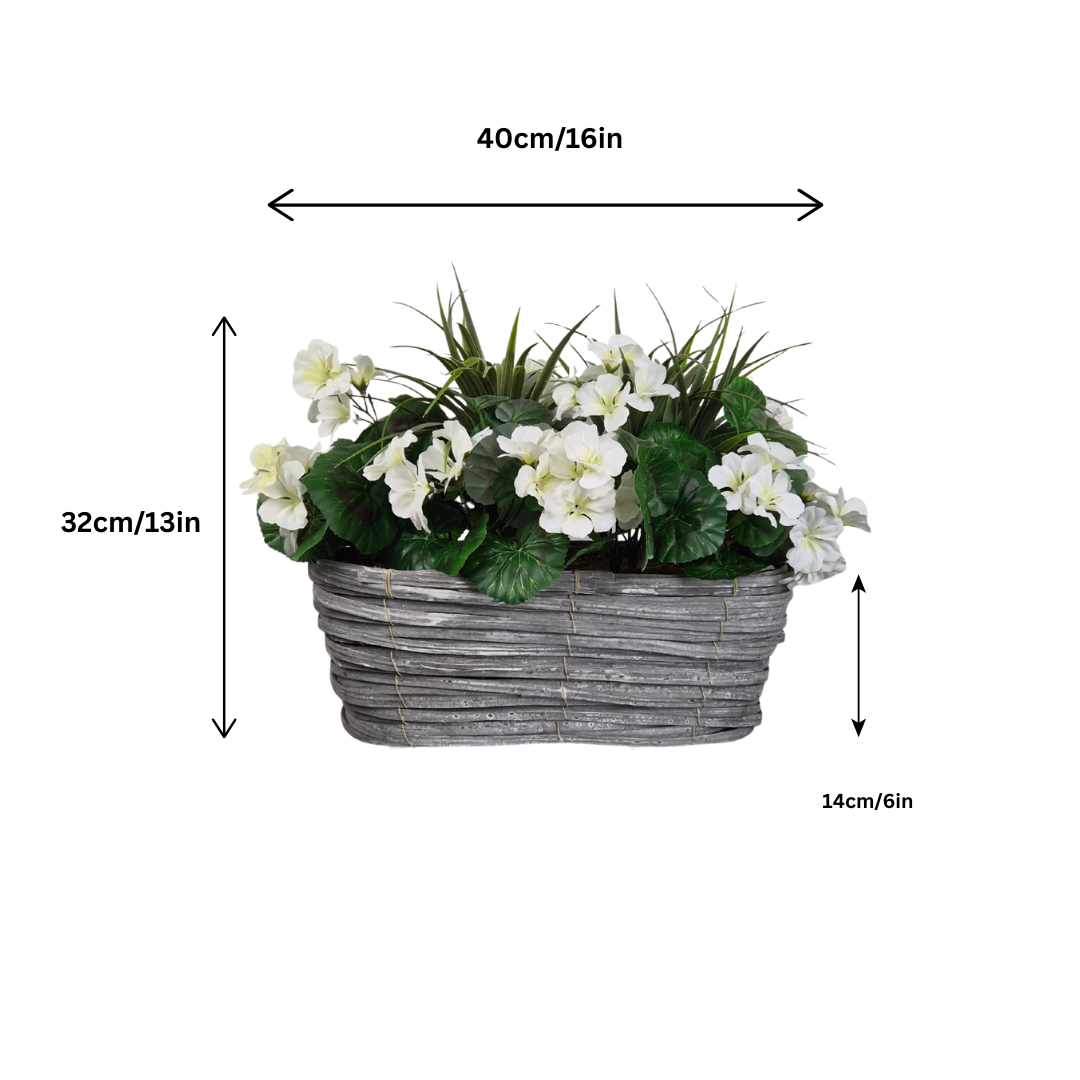 Artificial White Geranium Flowers & Lemon Grass in Rounded 40cm Rectangle Grey Wash Willow Basket - Faux Silk - A1330