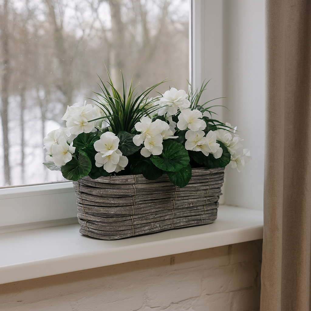 Artificial White Geranium Flowers & Lemon Grass in Rounded 40cm Rectangle Grey Wash Willow Basket - Faux Silk - A1330