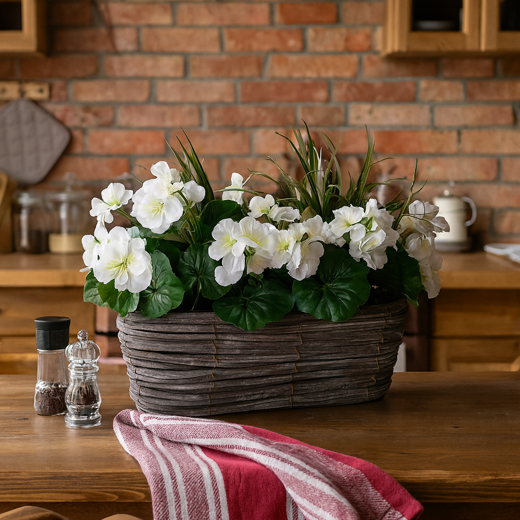 Artificial White Geranium Flowers & Lemon Grass in Rounded 40cm Rectangle Grey Wash Willow Basket - Faux Silk - A1330