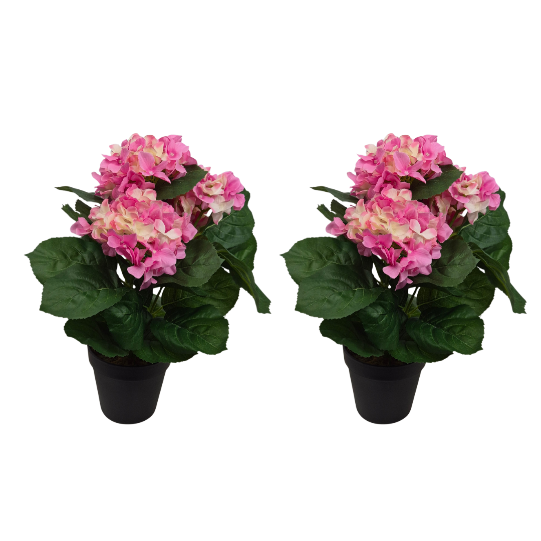 Artificial Pink Hydrangea Bush in Black Plastic Pot (Set of 2) 42cm - UV Protected, Faux Silk - A1340