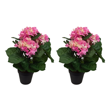 Artificial Pink Hydrangea Bush in Black Plastic Pot (Set of 2) 42cm - UV Protected, Faux Silk - A1340