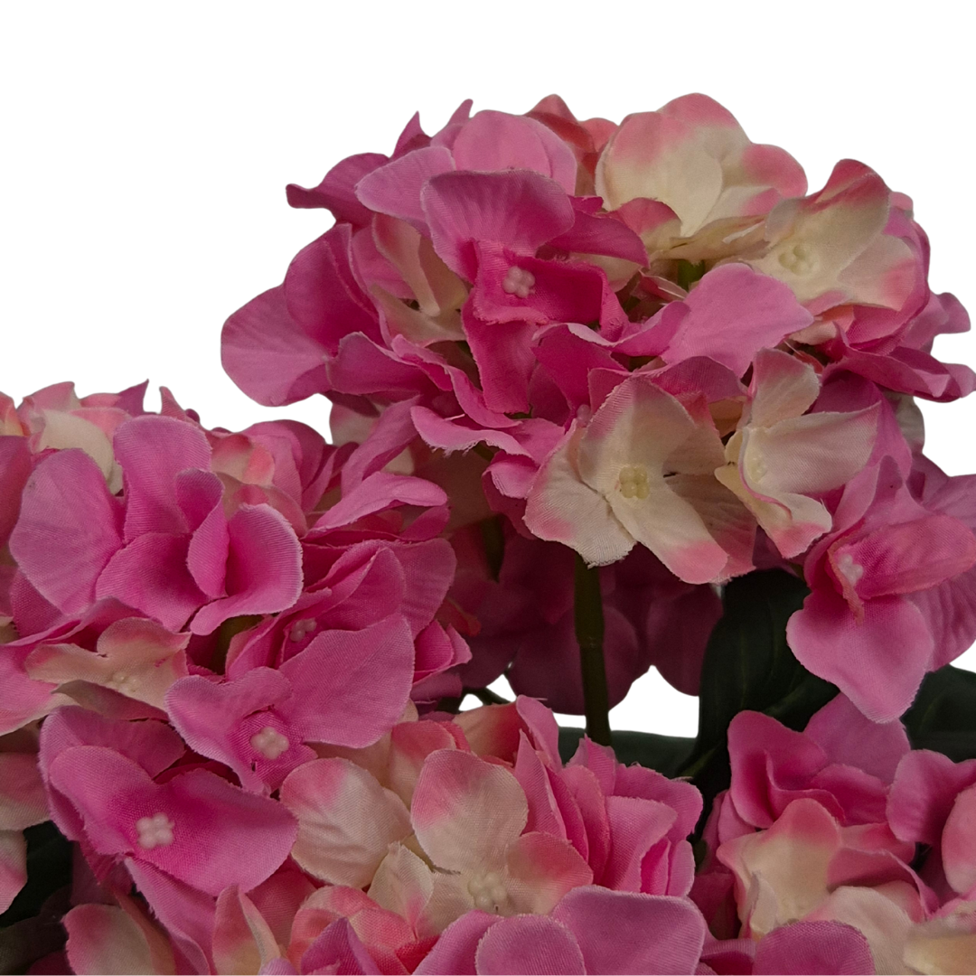 Artificial Pink Hydrangea Bush in Black Plastic Pot (Set of 2) 42cm - UV Protected, Faux Silk - A1340