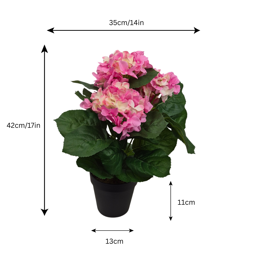 Artificial Pink Hydrangea Bush in Black Plastic Pot (Set of 2) 42cm - UV Protected, Faux Silk - A1340