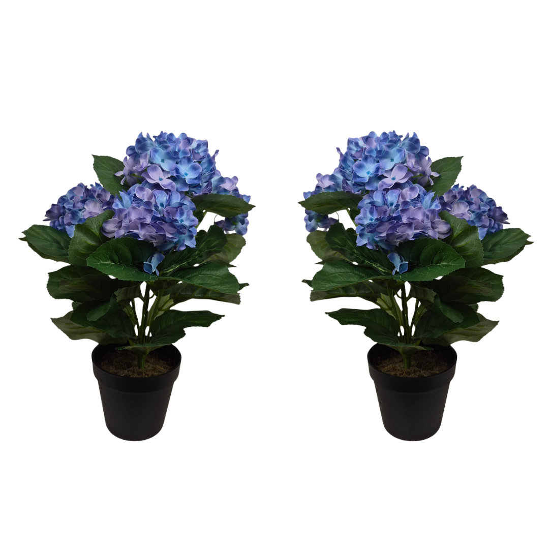 Artificial Blue Hydrangea Bush in Black Plastic Pot (Set of 2) 42cm - UV Protected, Faux Silk - A1339