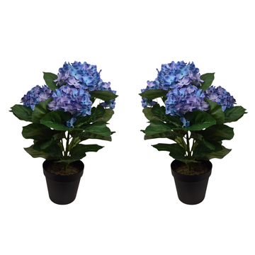 Artificial Blue Hydrangea Bush in Black Plastic Pot (Set of 2) 42cm - UV Protected, Faux Silk - A1339