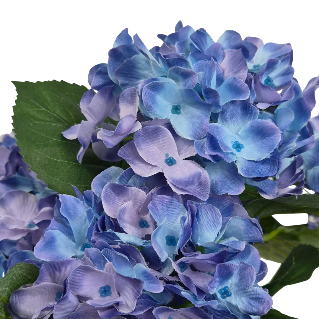 Artificial Blue Hydrangea Bush in Black Plastic Pot (Set of 2) 42cm - UV Protected, Faux Silk - A1339