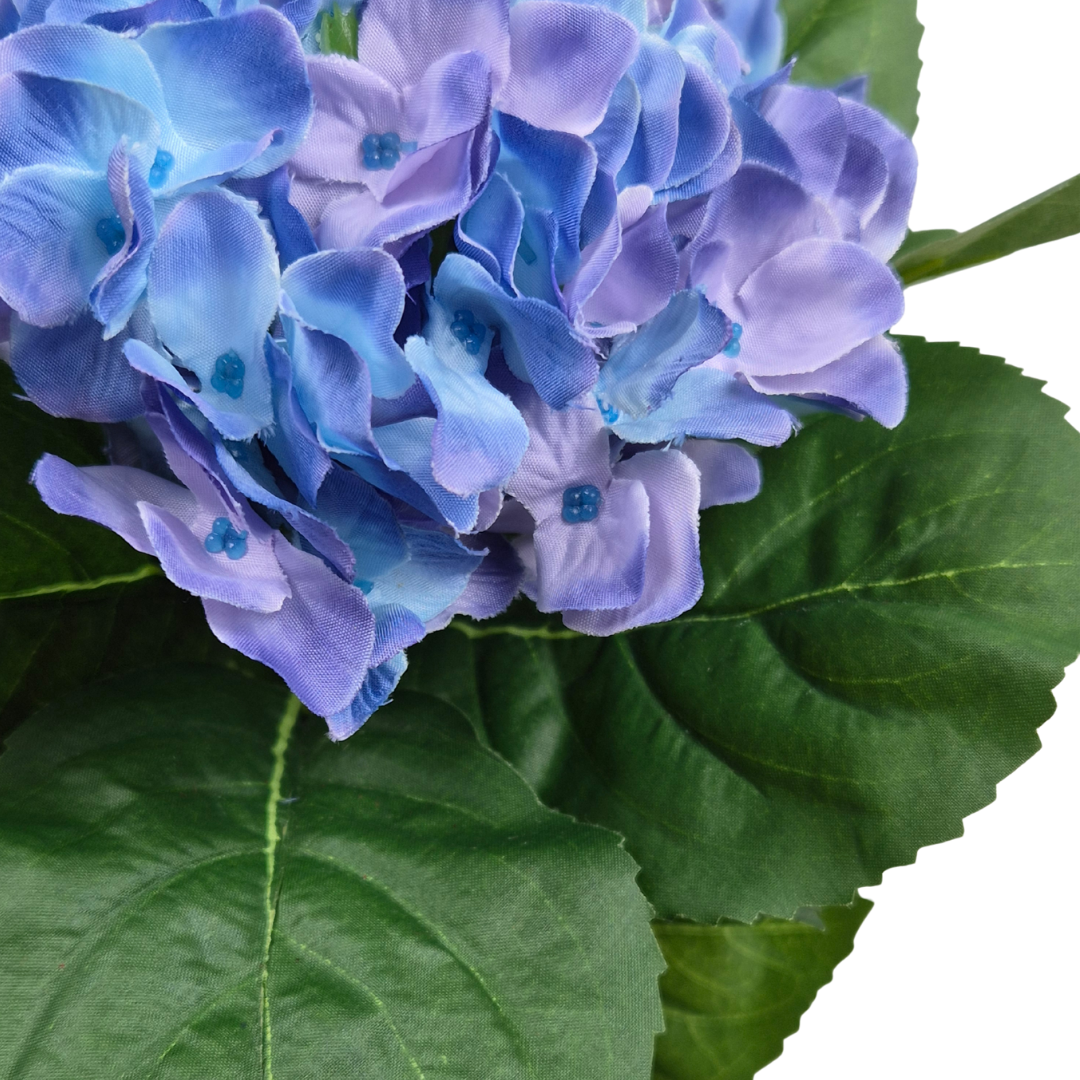 Artificial Blue Hydrangea Bush in Black Plastic Pot (Set of 2) 42cm - UV Protected, Faux Silk - A1339