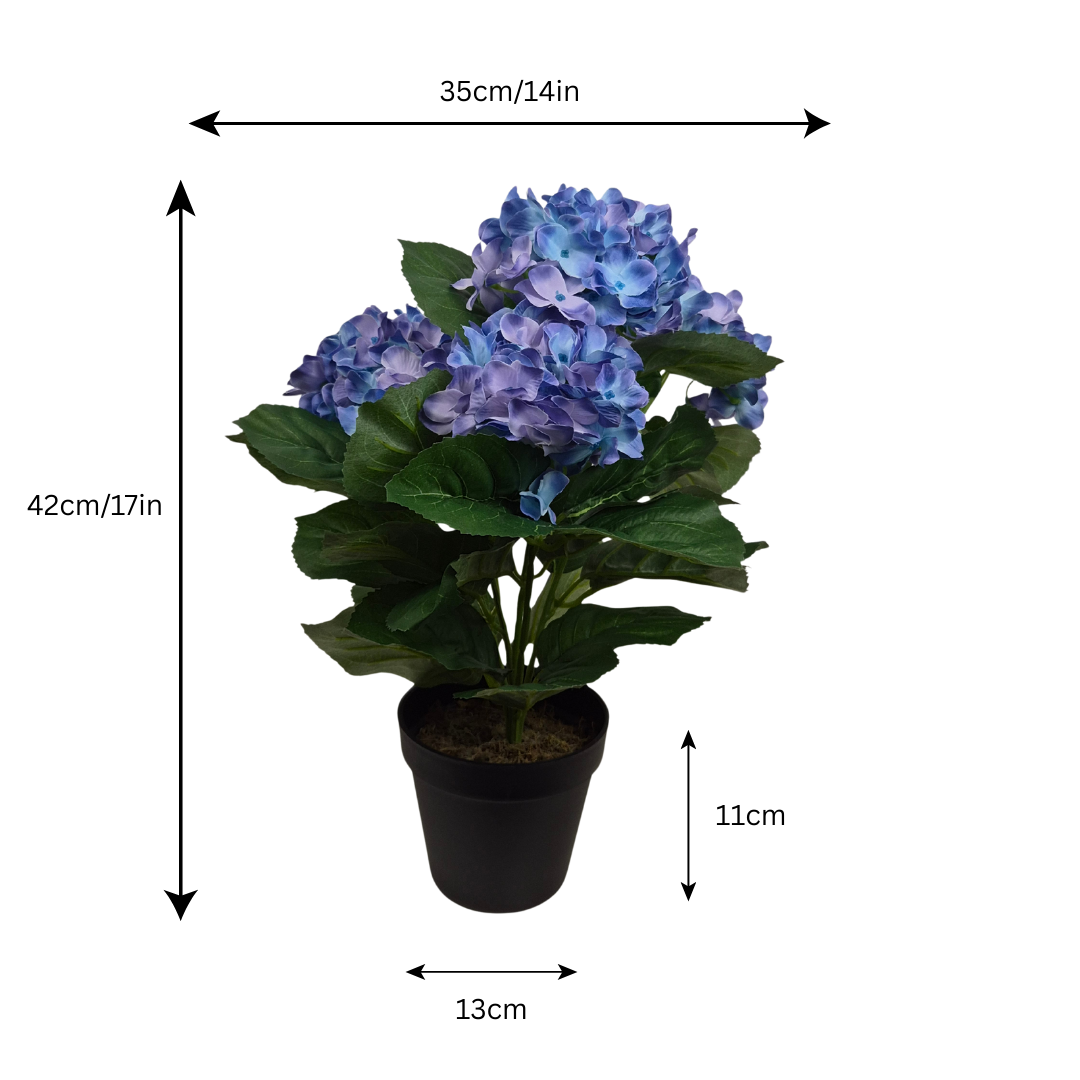 Artificial Blue Hydrangea Bush in Black Plastic Pot (Set of 2) 42cm - UV Protected, Faux Silk - A1339