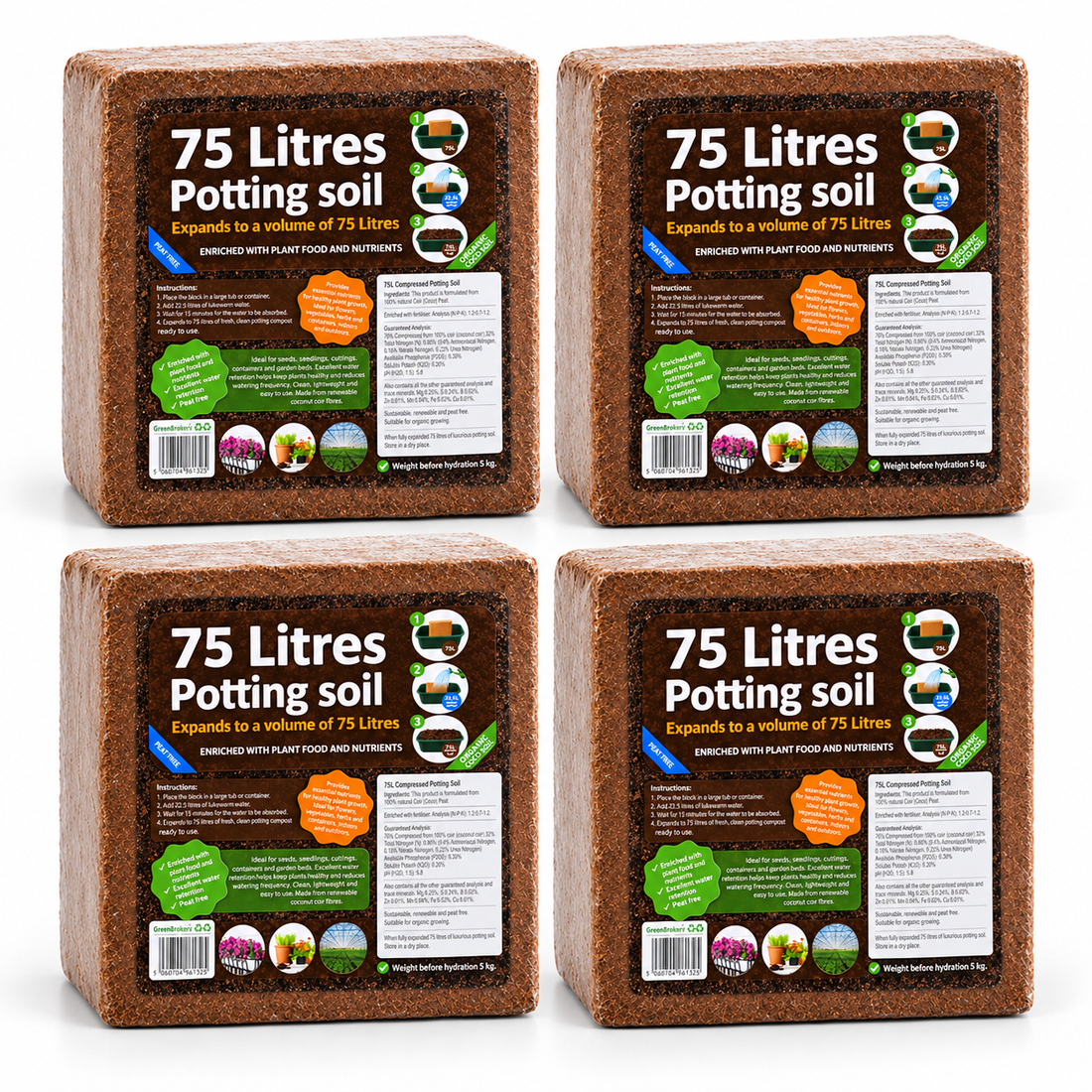 4 Packs Organic All Purpose Potting Compost Expands to 75 Litres - C1454