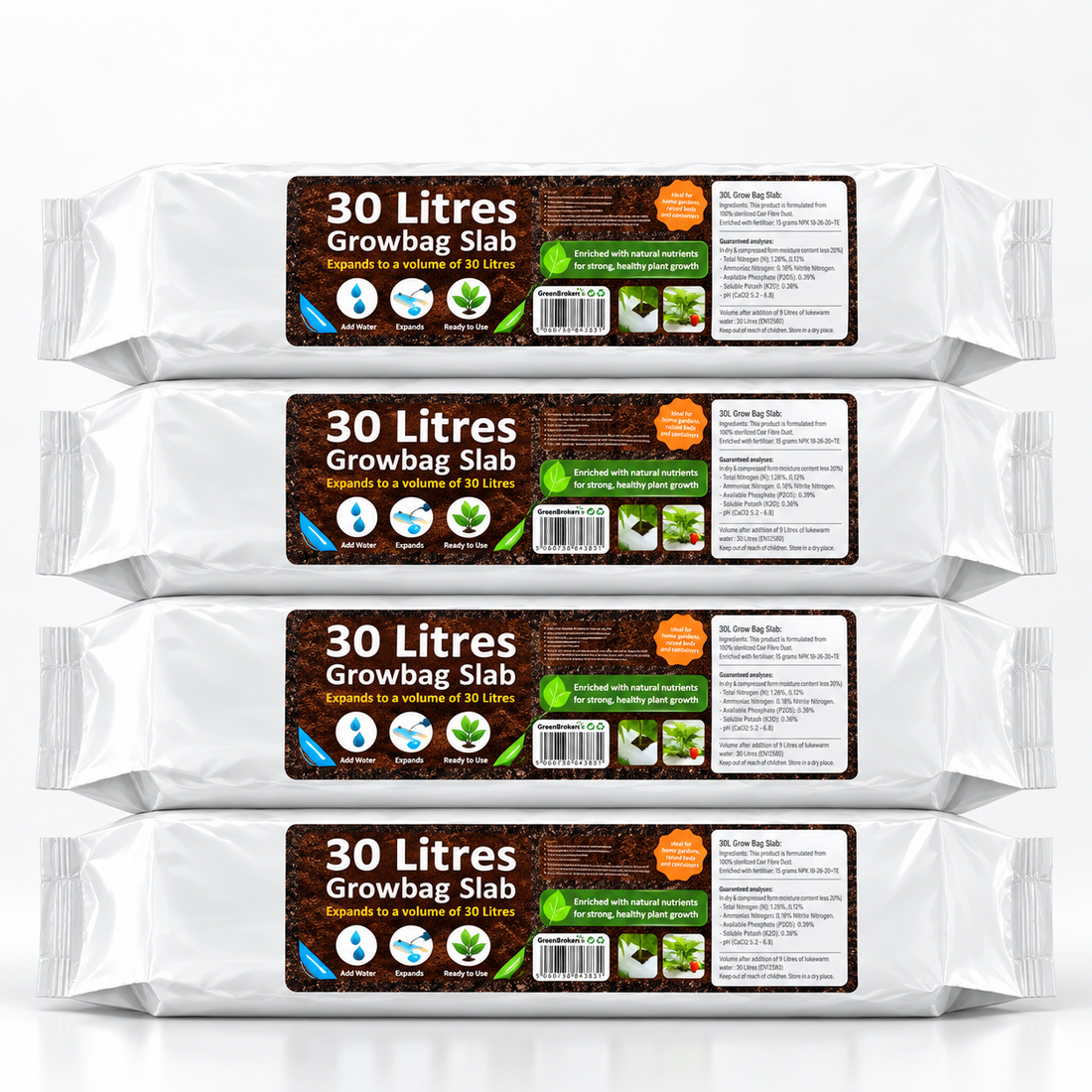 4 Vegetable Grow Bags, Organic All Purpose Potting Compost, Expands to 30 Litre - C1456